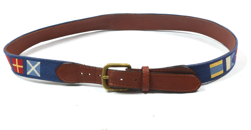 Smathers & Branson Yachting Belt Mens 34 Blue Stitched Flags Leather